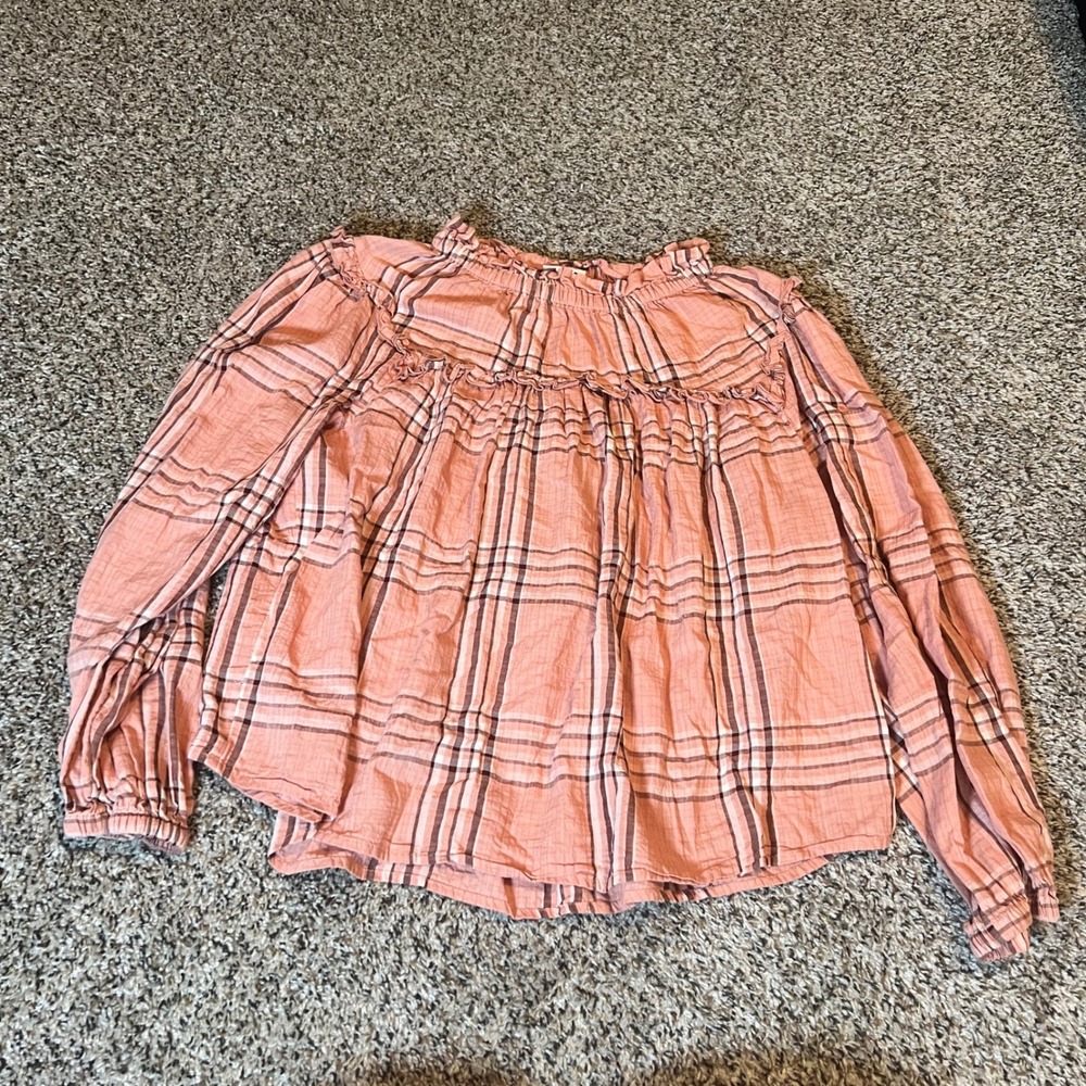 ana a new approach plaid peasant blouse women's XXL‎ pink long sleeve ruffle